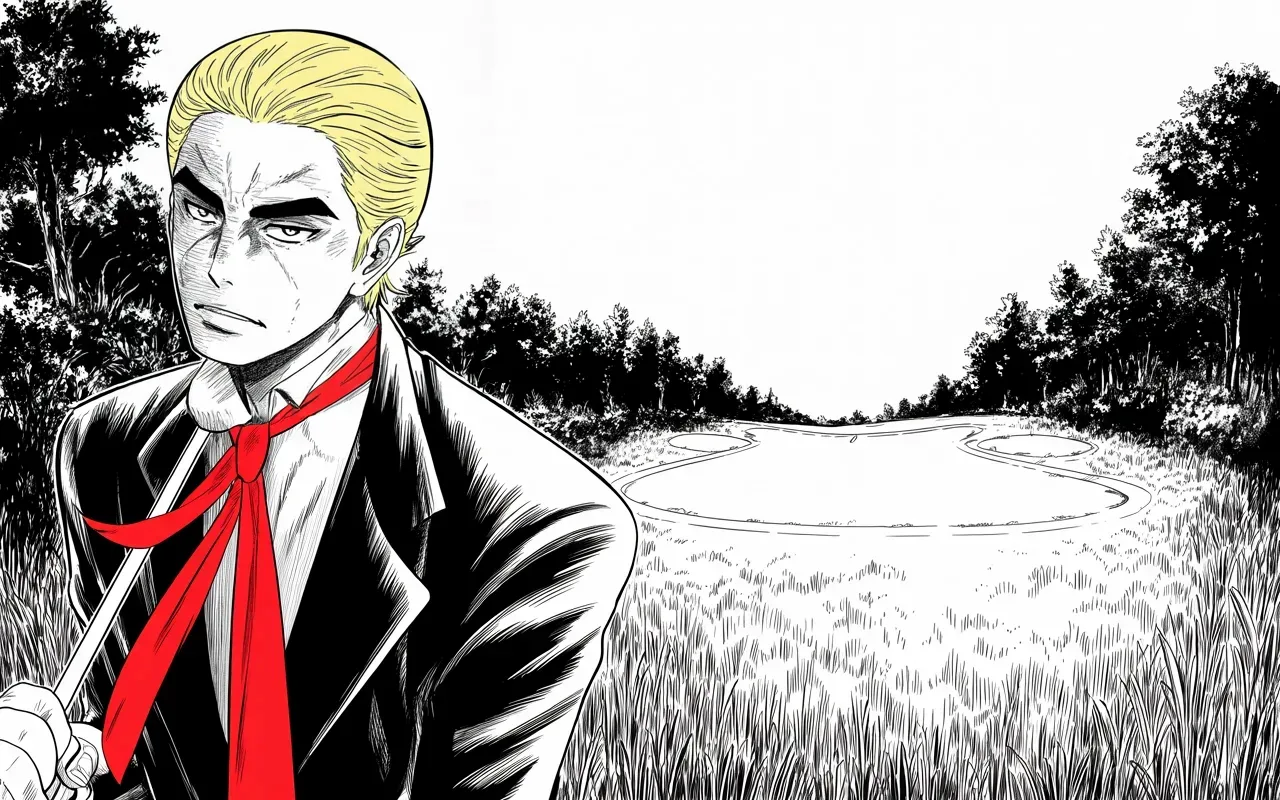 Manga panel 3 of 4, Week 372 “The Return”: Two days later the war pauses for golf: record money, great excitement, come on out. The fortress keeps its tee times.