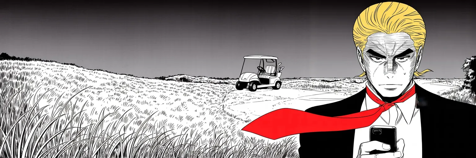 Manga panel 4 of 4, Week 372 “The Return”: Sunday from the fairway he files his diagnosis of the man in the White House and wishes him a speedy recovery. Somewhere in the capital, paperwork is quietly moving.