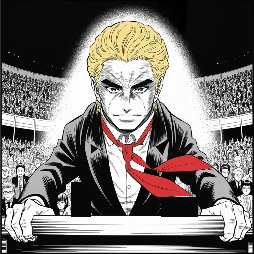 Manga panel 2 of 5, Week 373 “Under Siege”: Saturday in Texas he takes the conference stage a hunted man and promises the comeback anyway: keep working, keep fighting, keep winning — get the country back.