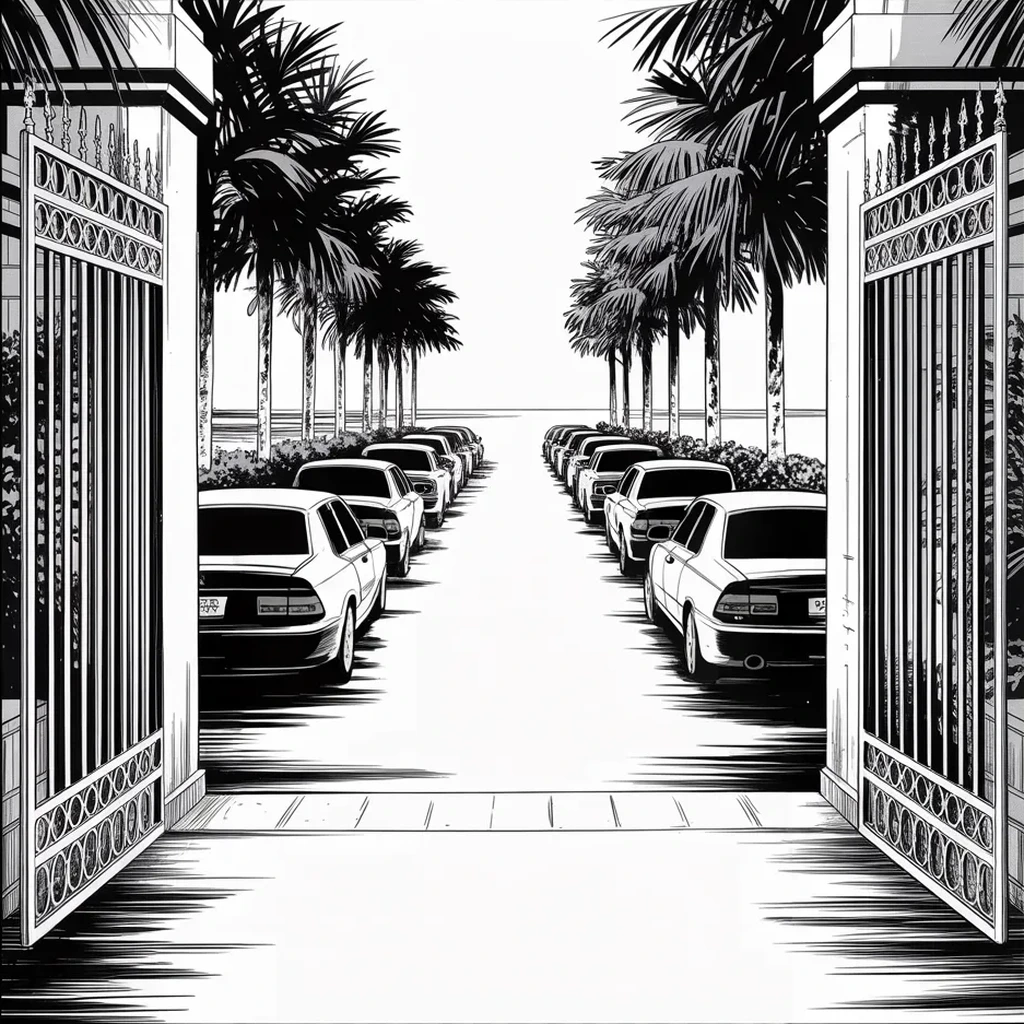 Manga panel 4 of 5, Week 373 “Under Siege”: August the eighth, Palm Beach: the gates stand open and the drive fills with unmarked cars. The hunters are inside his house, and he is a thousand miles north when the phones begin to ring.