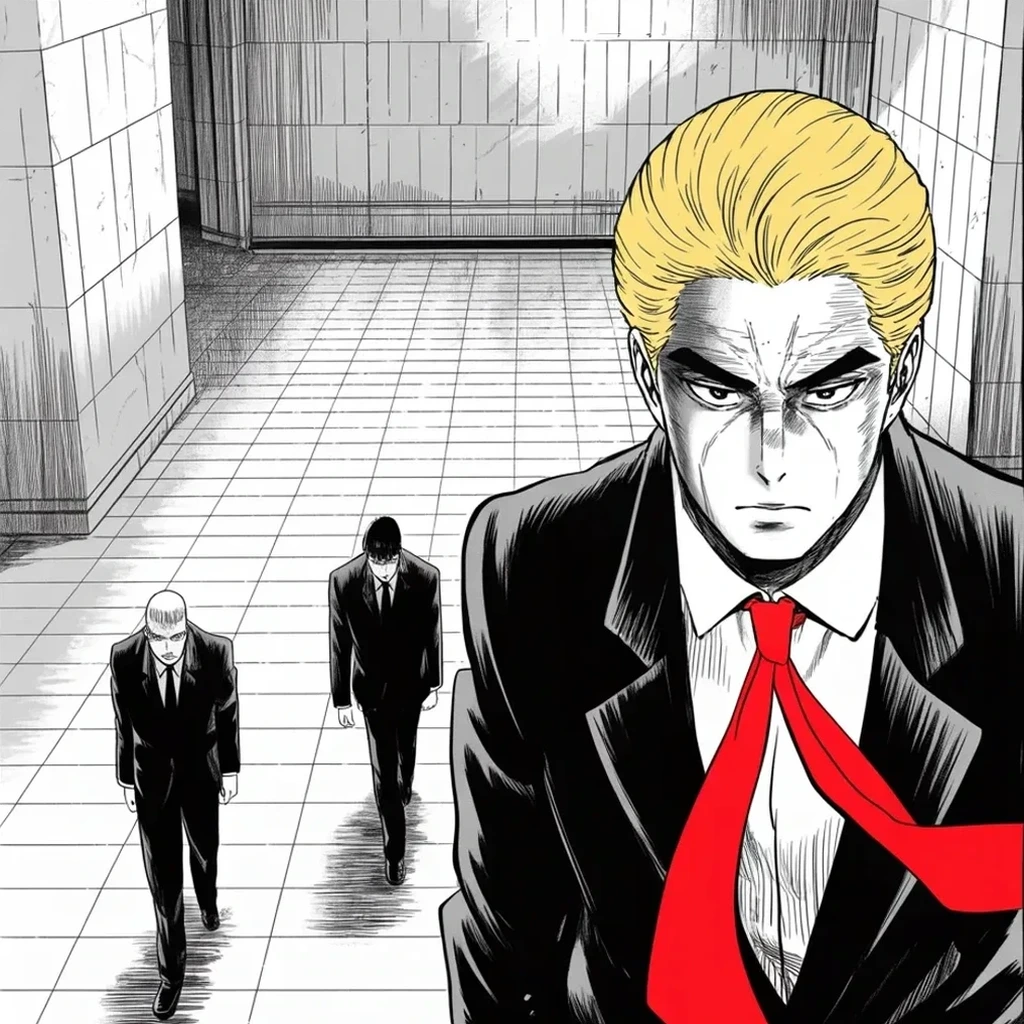 Manga panel 3 of 5, Week 374 “Four Hundred and Forty Times”: Wednesday, the prosecutor's office: four hundred and forty questions, four hundred and forty times the same answer — the Fifth. He walks out calling it a very professional meeting.