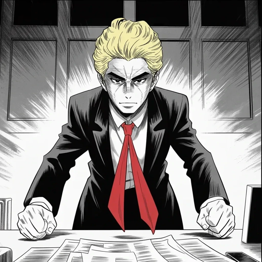 Manga panel 4 of 5, Week 374 “Four Hundred and Forty Times”: Friday the warrant unseals and the word nuclear runs through every headline. It was all declassified, he roars — they could have had it anytime.