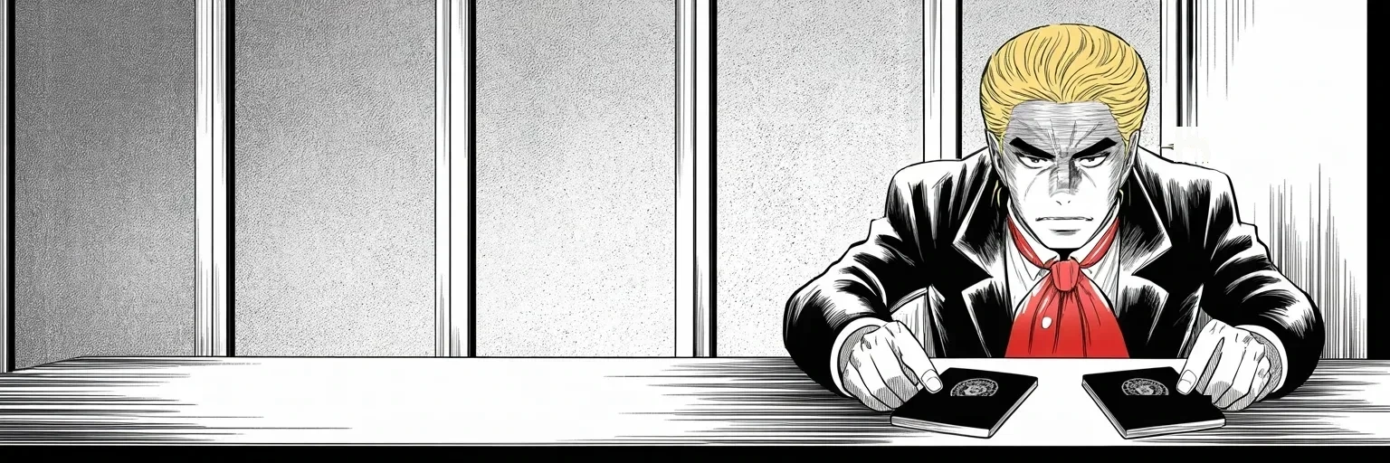 Manga panel 1 of 4, Week 375 “The Referendum”: Tuesday the government hands back his passports — and he inventories, out loud, everything else its agents grabbed and kept.
