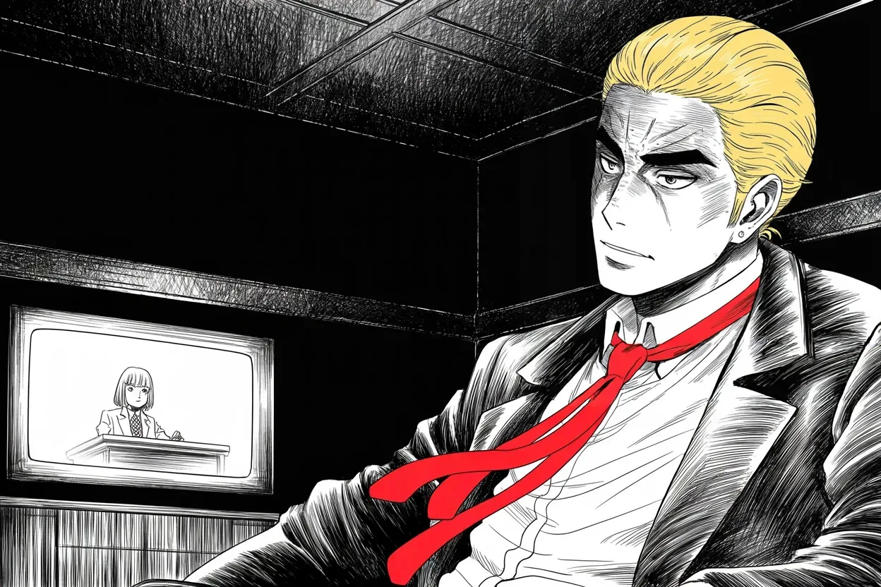 Manga panel 3 of 4, Week 375 “The Referendum”: Past midnight he watches the concession speech from an armchair and wonders aloud whether the committee that hunts him will now kindly dissolve itself.