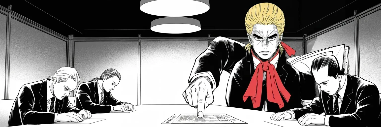 Manga panel 4 of 4, Week 375 “The Referendum”: Friday the lawyers draft a Fourth Amendment motion against the raid: paper took the house, and with paper he answers.