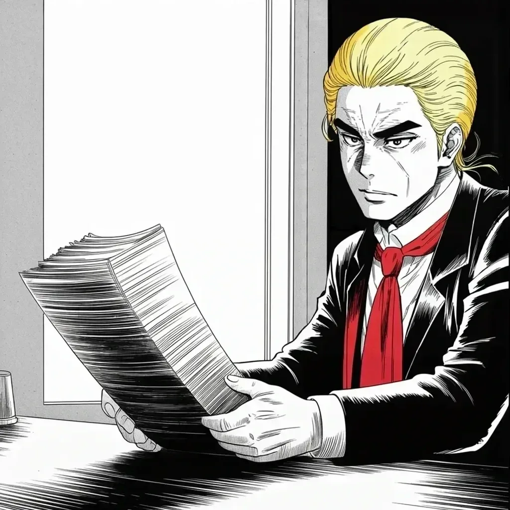 Manga panel 3 of 5, Week 376 “They Missed a Page”: Friday at noon the affidavit unseals, page after page under black bars. Nothing on nuclear, he answers — we gave them much.