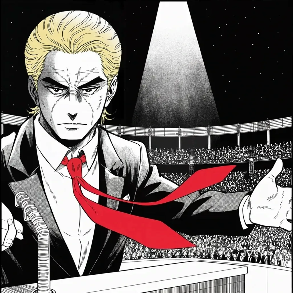 Manga panel 3 of 5, Week 377 “The Photograph”: Saturday night in Pennsylvania, the first stage since the raid: a two-hour speech to an overflow crowd screaming go longer. They love our country, he says, and I love them.