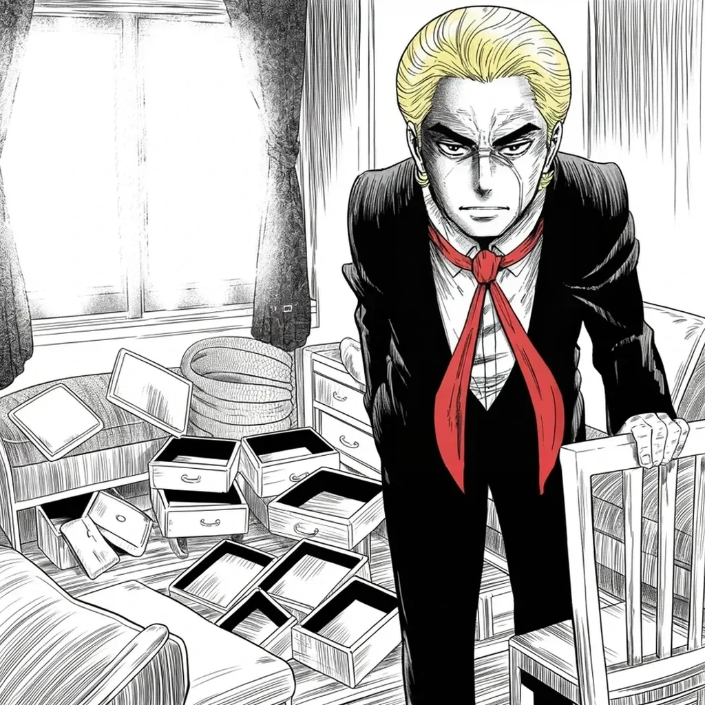 Manga panel 4 of 5, Week 377 “The Photograph”: Monday morning he says the part that stings out loud: they went through his sixteen-year-old son's rooms, and the former First Lady's.