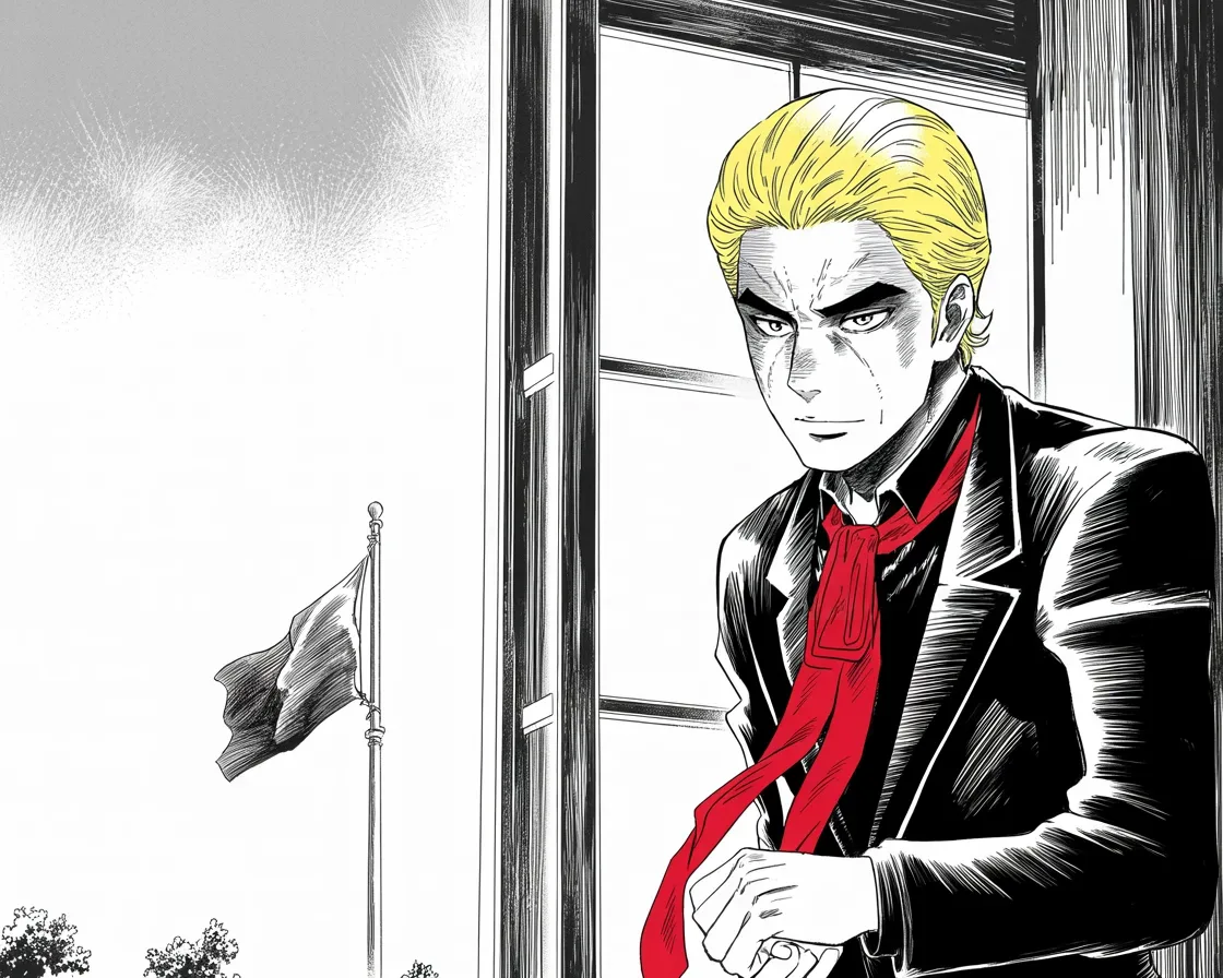 Manga panel 2 of 4, Week 378 “Trust Them”: Thursday the world stops: the Queen is gone. He bows his head with everyone else and sends his condolences across the water.