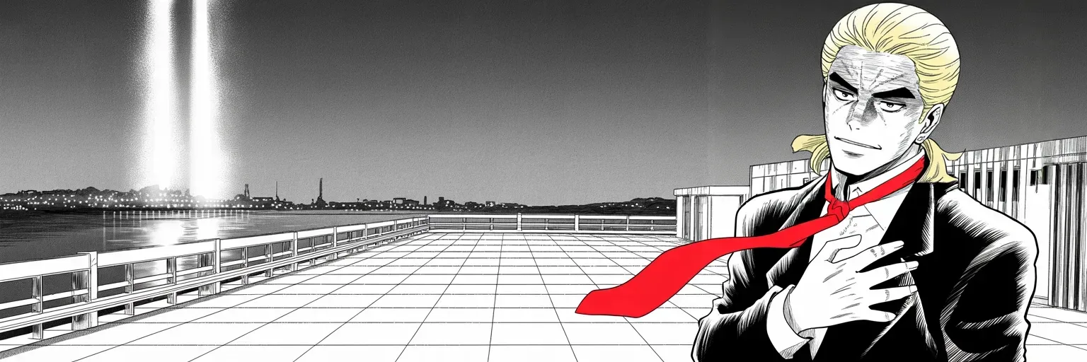 Manga panel 4 of 4, Week 378 “Trust Them”: Twenty-one years since the towers fell. Beams of light over the river, a hand over his heart — and for one evening, no enemies.