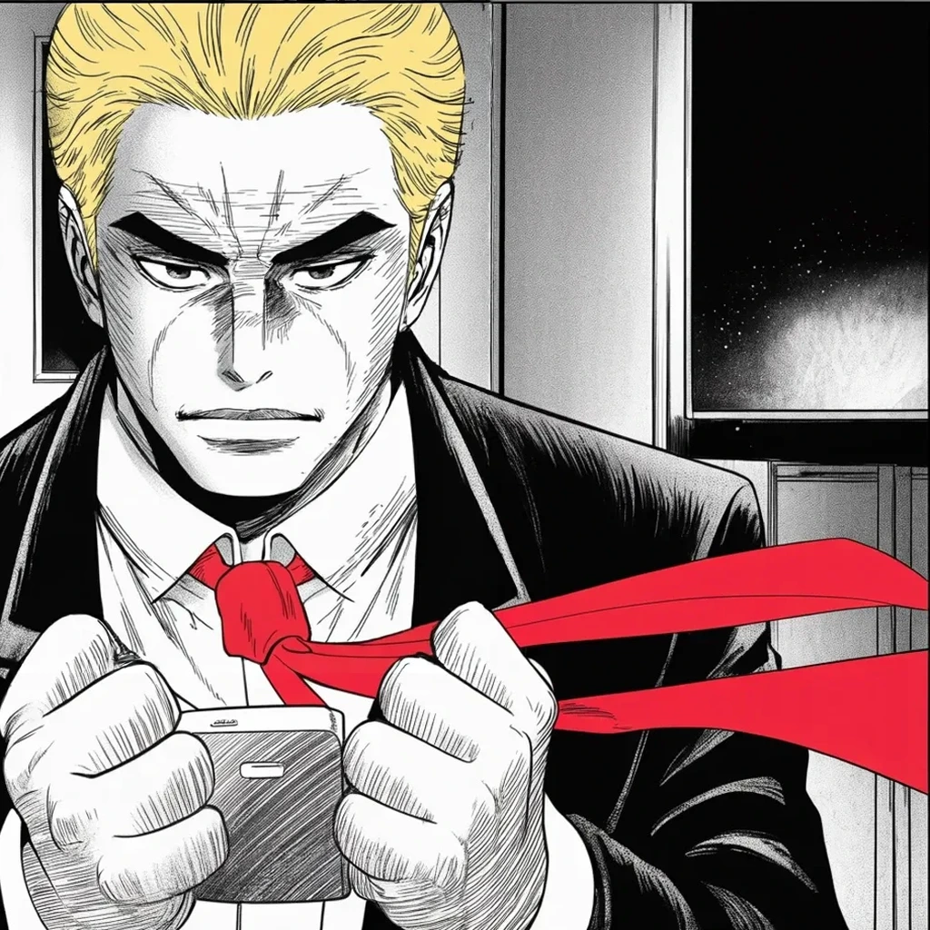 Manga panel 2 of 5, Week 379 “The Scene of the Crime”: Tuesday night the net widens: the FBI seizes the pillow salesman's phone. A weaponized police state, he roars — take back America.