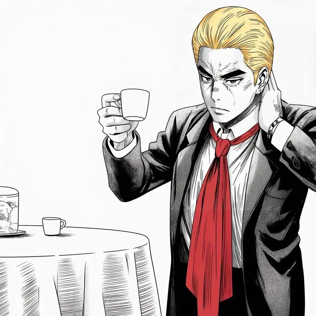 Manga panel 3 of 5, Week 379 “The Scene of the Crime”: Wednesday's scoreboard with breakfast: the Trumpiest people all won in New Hampshire, and he toasts the primary map with his coffee.