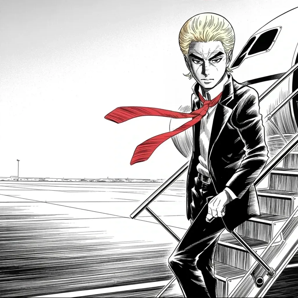 Manga panel 4 of 5, Week 379 “The Scene of the Crime”: Sunday he flies south at golden hour, back to the house for the first time since the search — to inspect the scene of what he calls the crime.