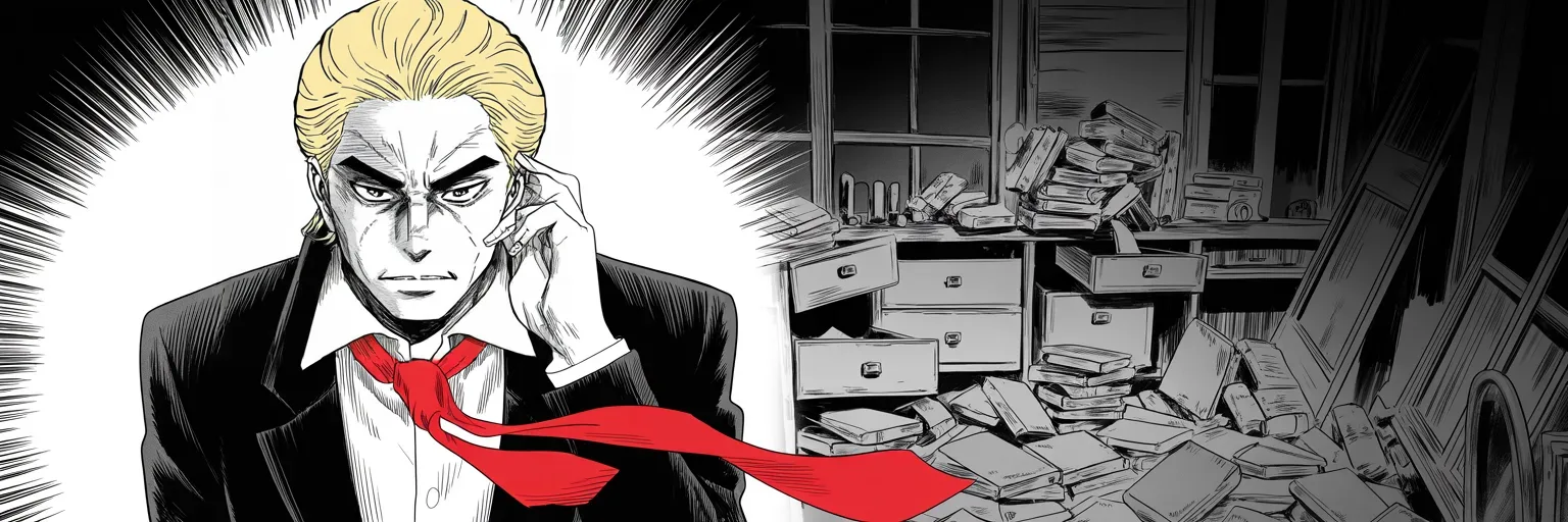 Manga panel 5 of 5, Week 379 “The Scene of the Crime”: Past midnight he walks the searched rooms: ransacked, he reports, and in far different condition than the way he left it. The place will never be the same.
