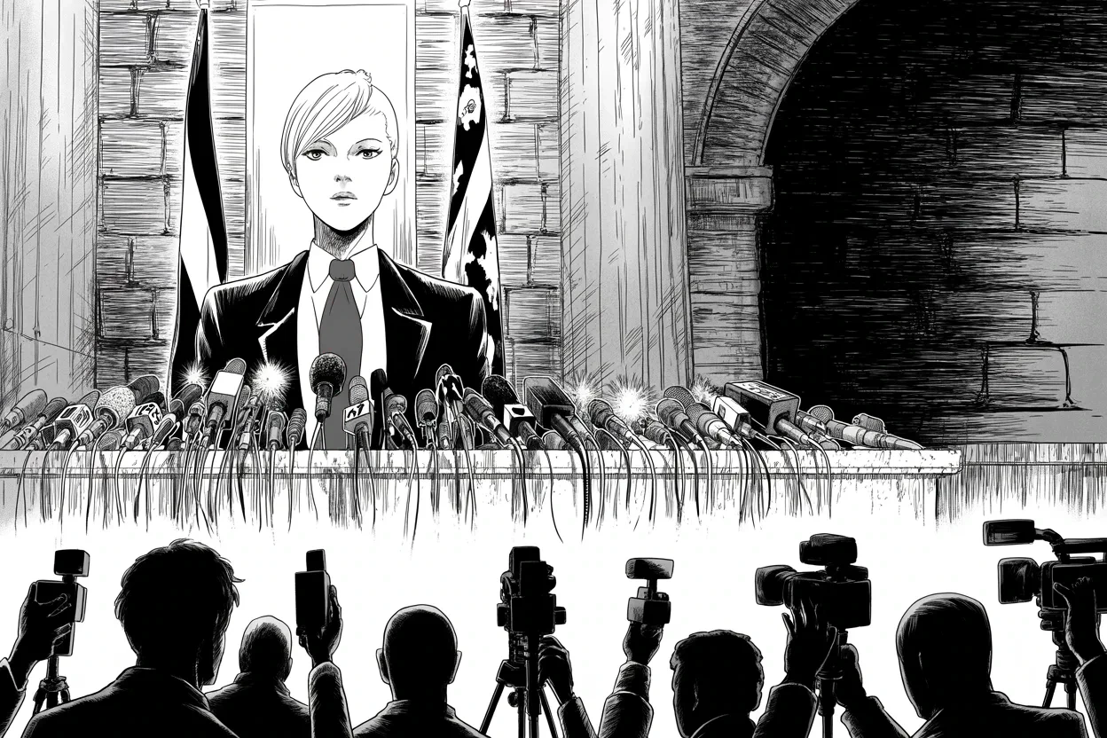 Manga panel 2 of 4, Week 380 “The Name Itself”: At noon the state files for the money: a quarter-billion-dollar suit naming him, his children and the company — signed by the prosecutor who heard the Fifth four hundred and forty times.