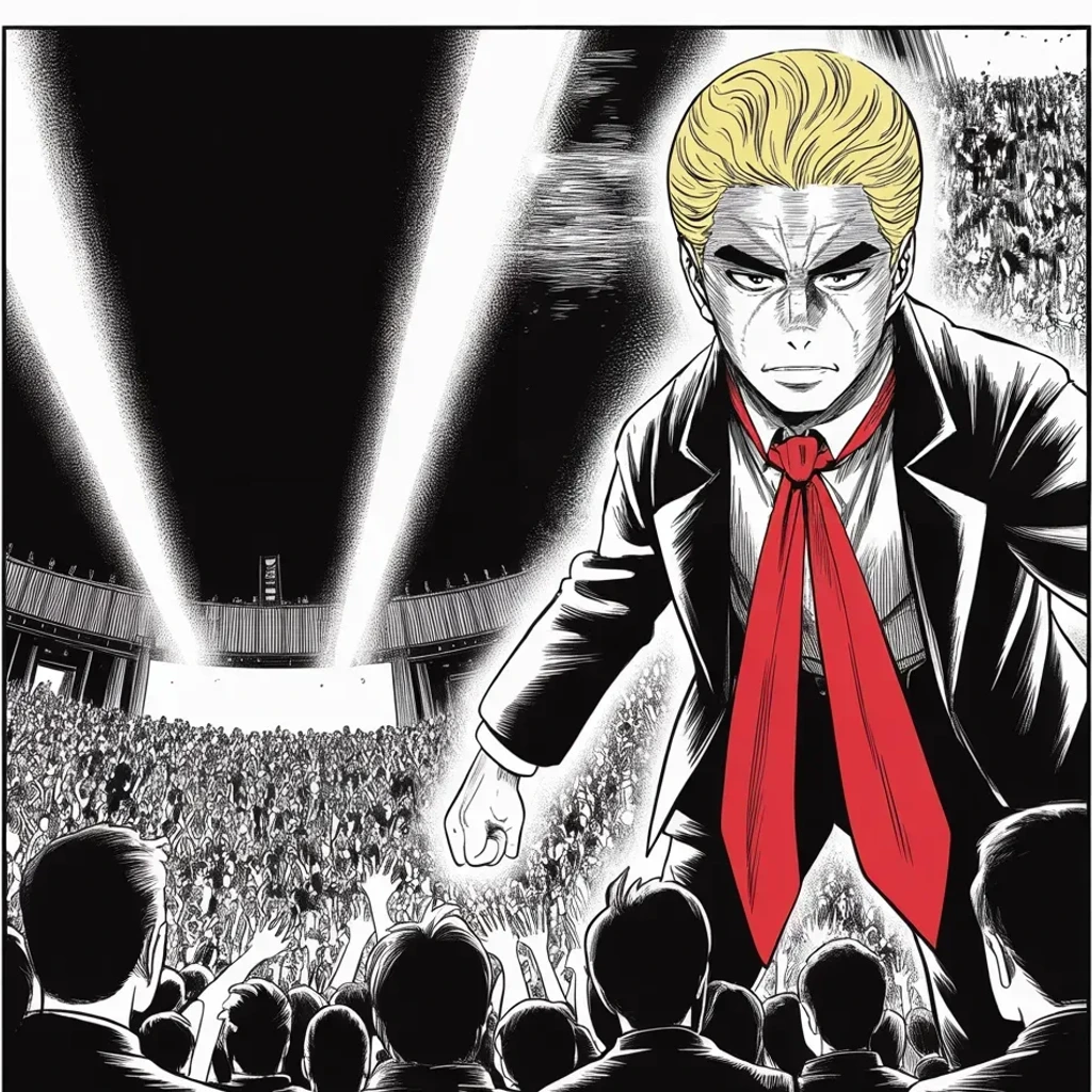 Manga panel 4 of 5, Week 381 “The Greatest Show on Earth”: Saturday night, Michigan: the first great rally of the season. He calls it what the posters used to call the circus — the greatest show on earth.