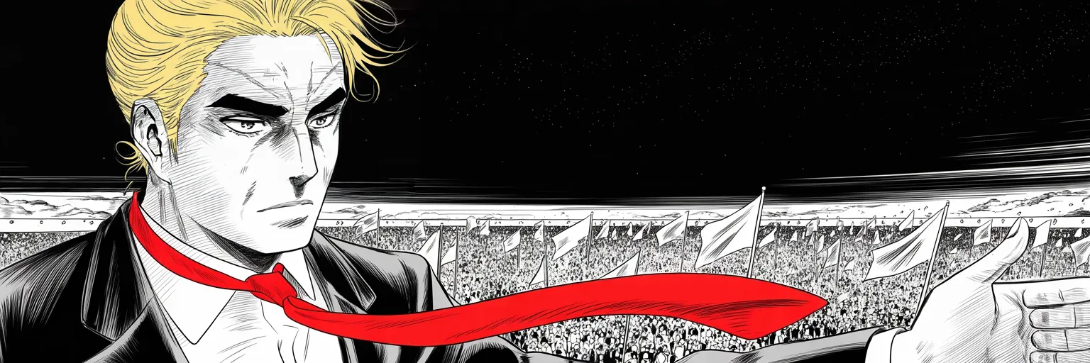 Manga panel 5 of 5, Week 381 “The Greatest Show on Earth”: The crowd answers. The silent majority is back, he declares — and on Monday his lawyers walk into a Florida courthouse and sue the network for half a billion dollars.