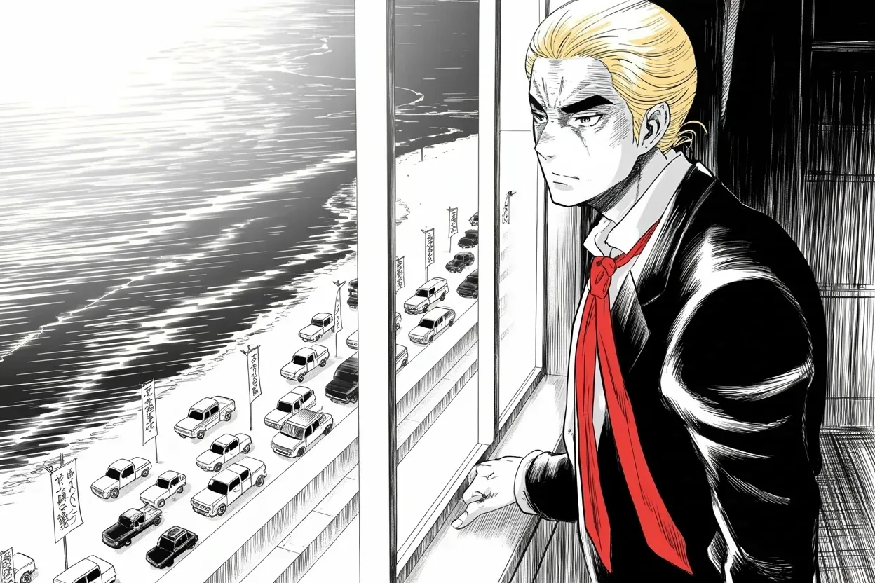 Manga panel 2 of 4, Week 382 “The War Map”: Saturday afternoon a caravan of cars and trucks circles the sea fortress, flags flying. He watches from the glass and calls it a beautiful sight.