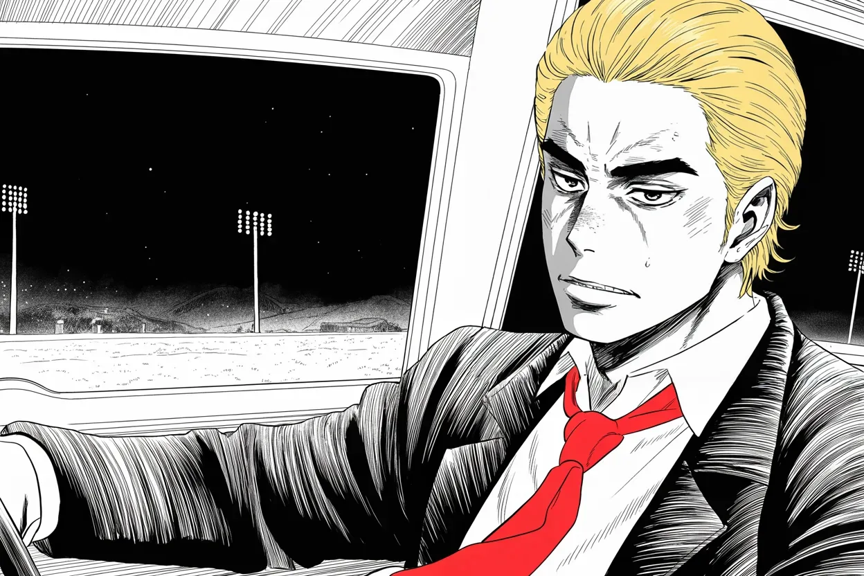 Manga panel 3 of 4, Week 382 “The War Map”: Past midnight after the Nevada rally, the desert dark slides past the car window. The roar is behind him for the night, and he gives quiet thanks.
