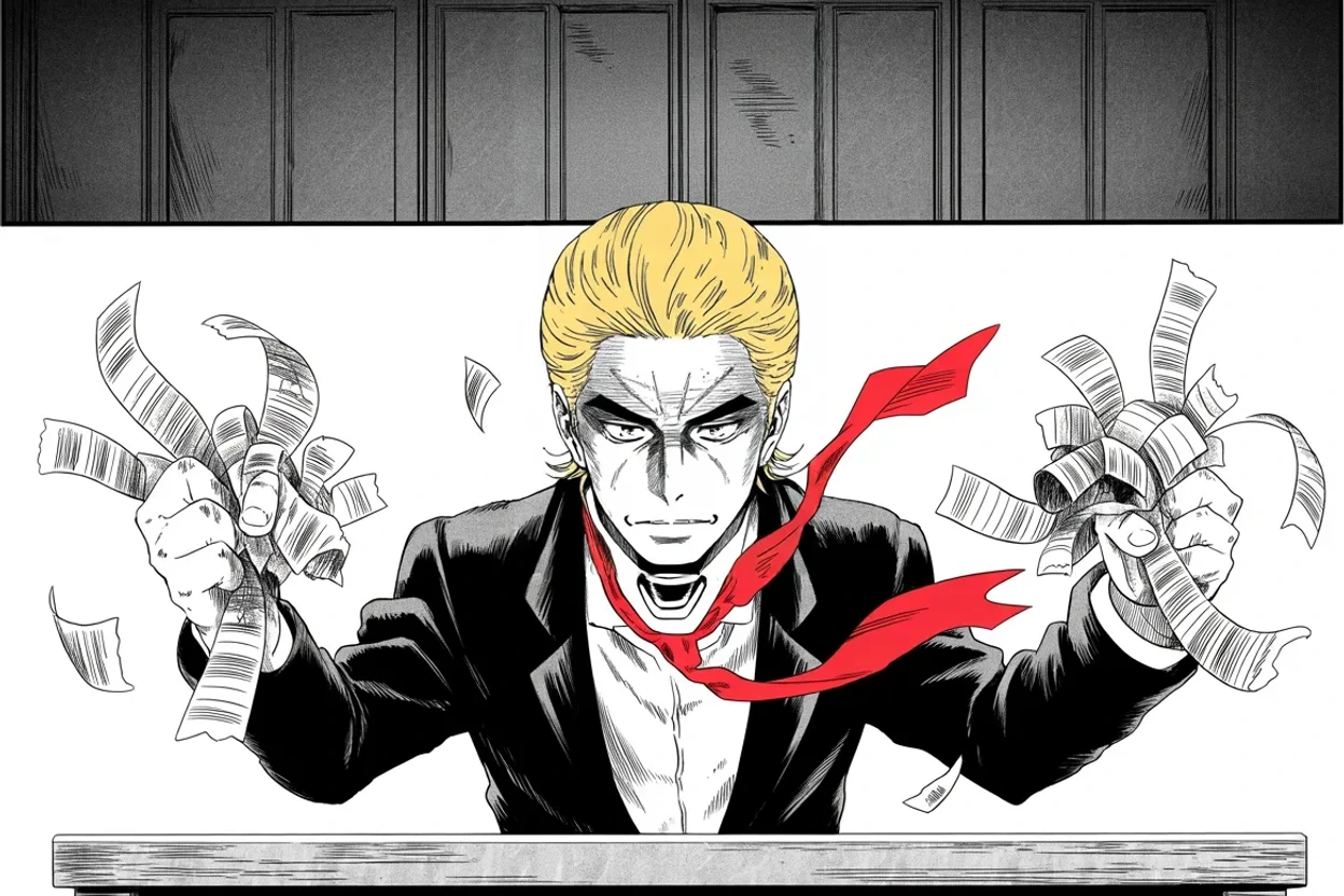 Manga panel 3 of 4, Week 383 “The Subpoena”: All week he has buried the document case under a blizzard of old clippings — other men's lost records, other men's socks and hard drives — and then he shouts a headline of his own.