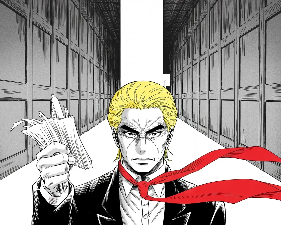Manga panel 2 of 4, Week 384 “Quicksand”: On Friday the committee's summons arrives at the fortress gates: documents by the fourth of November, testimony by the fourteenth. He reads it and trusts nobody.