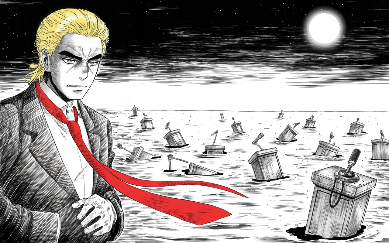 Manga panel 3 of 4, Week 384 “Quicksand”: He surveys the field where his rivals sank, and asks the only question of the season: who is going to enter the quicksand next?