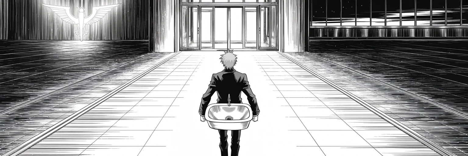 Manga panel 1 of 4, Week 385 “Sane Hands”: Thursday the platform that cut his voice off changes hands, and its new owner walks through the front doors carrying a porcelain sink.