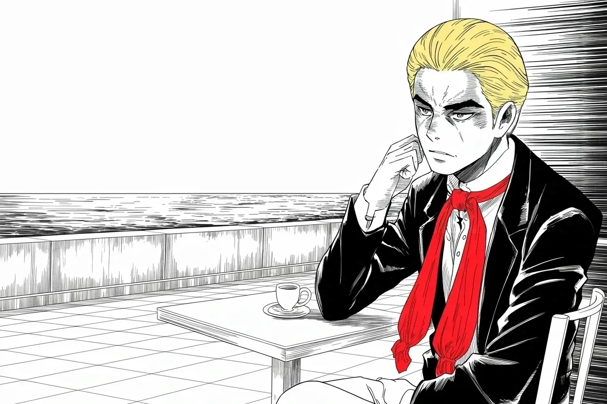 Manga panel 2 of 4, Week 385 “Sane Hands”: From the breakfast terrace he pronounces the verdict: the old megaphone is in sane hands now — though he is very happy where he is.