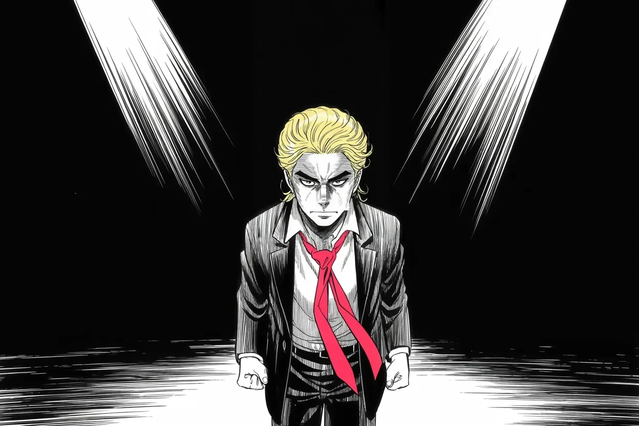 Manga panel 3 of 4, Week 385 “Sane Hands”: Three cases now run against him at once through election season — New York, Manhattan, the documents — and he stands in all three beams and refuses to move.
