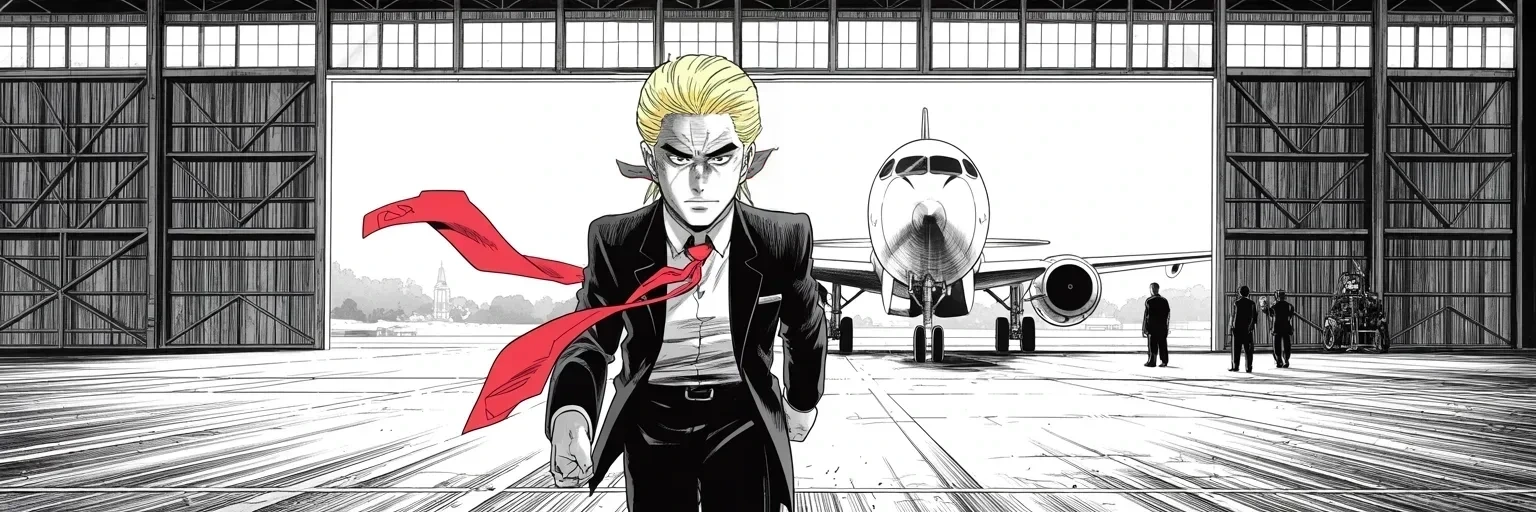 Manga panel 4 of 4, Week 385 “Sane Hands”: The last week is drawn like a battle plan: Iowa on Thursday, Pennsylvania on Saturday, Miami on Sunday. He walks to the plane at dawn.