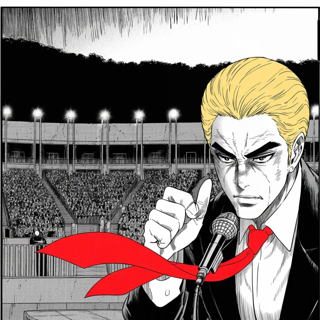Manga panel 3 of 5, Week 386 “The Nickname”: Saturday night in the Pennsylvania hills he tries out a new name for the governor rising in his shadow — and dares the cameras to measure his crowd.