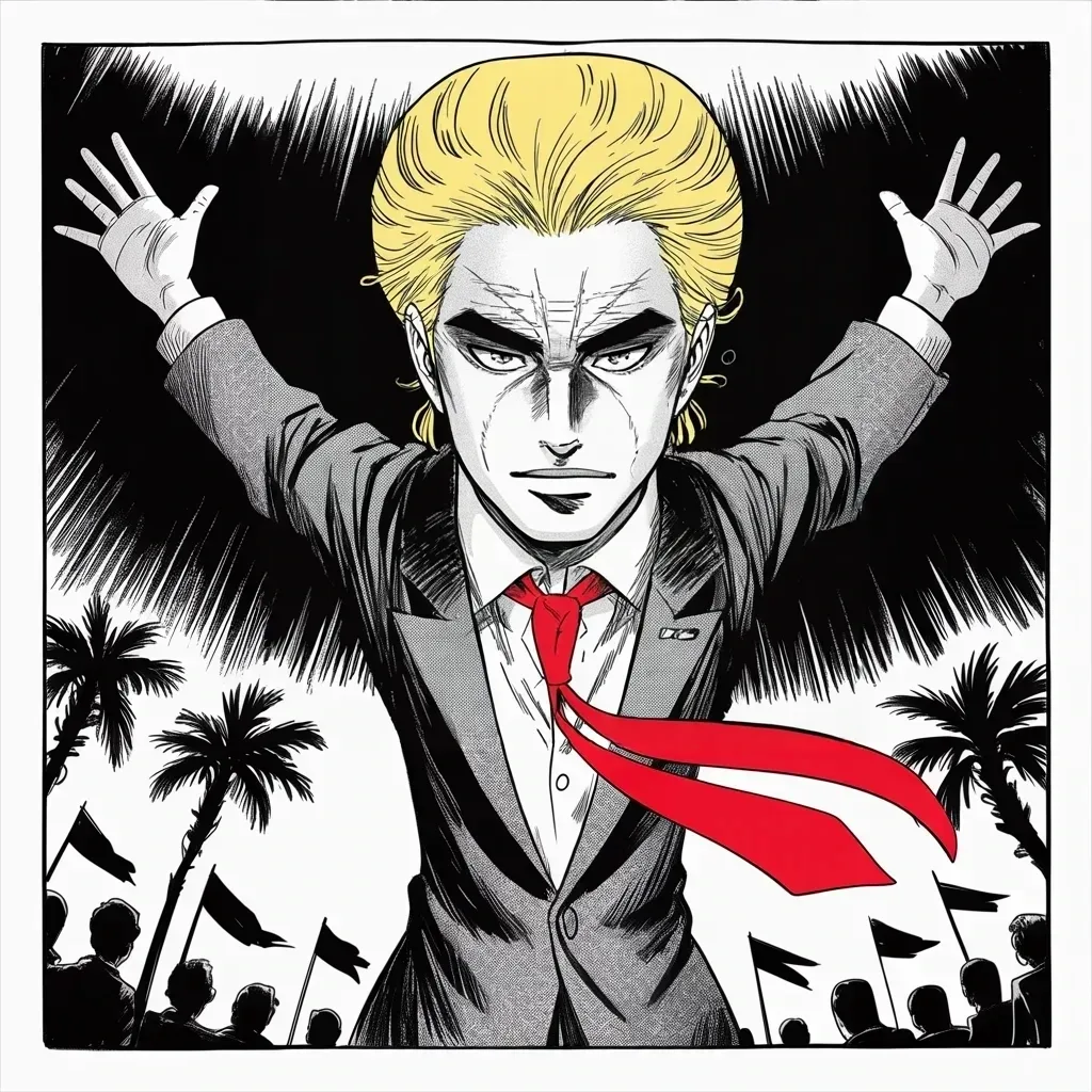 Manga panel 4 of 5, Week 386 “The Nickname”: Sunday, Miami: the tour swings south through a really big crowd, two days before the country votes.