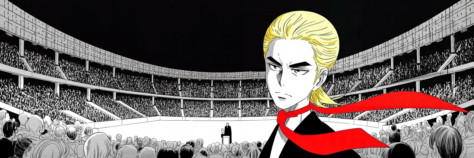 Manga panel 5 of 5, Week 386 “The Nickname”: Monday night, Ohio — the last rally before the vote, his presence towering over the bowl, and a promise into the roar: a very big announcement, November the fifteenth, at the sea fortress.