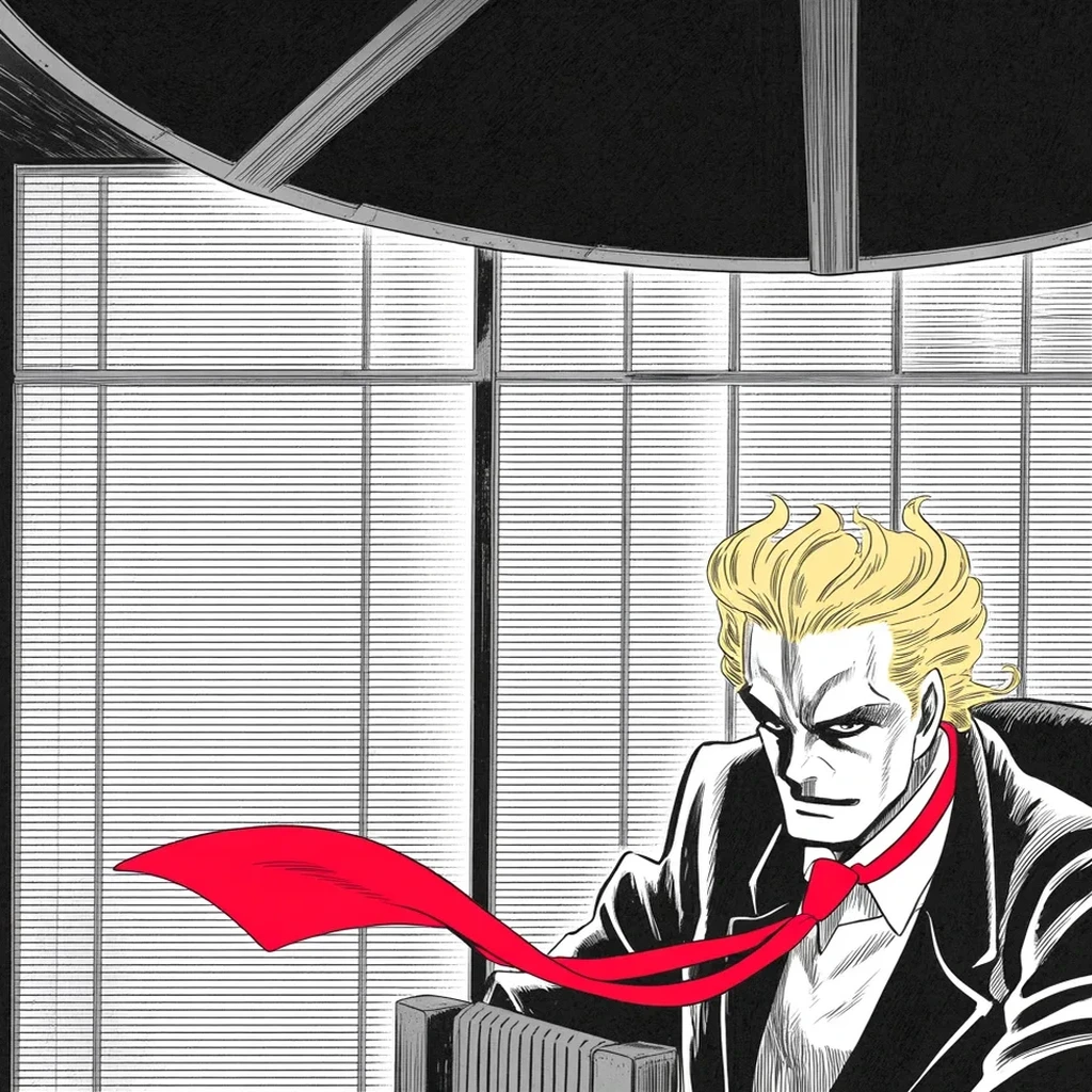 Manga panel 2 of 5, Week 387 “The Wave That Never Came”: The night the wave was promised, the map refuses to turn. Past one in the morning he is keeping his own score: a great evening, whatever the screens say.