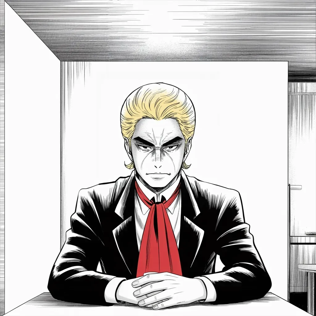 Manga panel 3 of 5, Week 387 “The Wave That Never Came”: By Thursday every knife in the party points at him, and the papers have their verdict. His answer is perfect composure: not angry at all, and a stable genius besides.