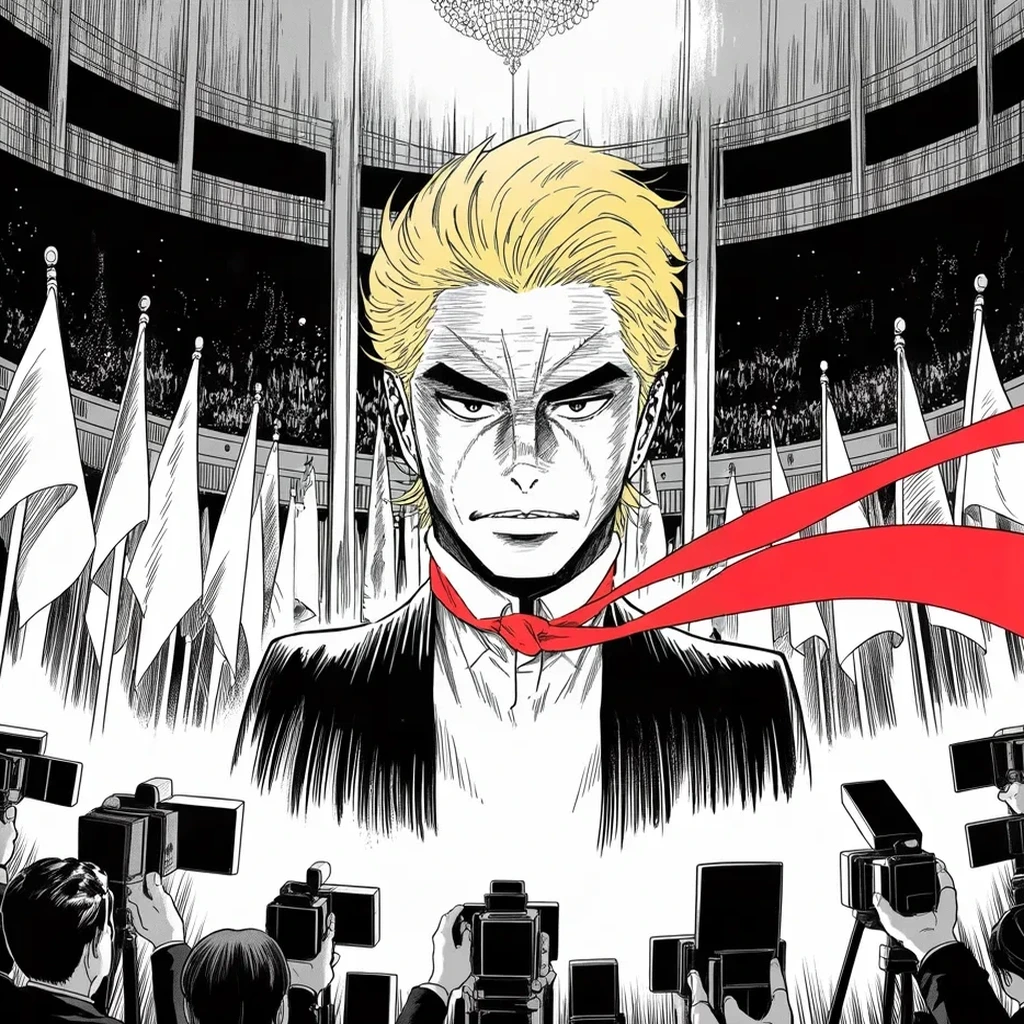 Manga panel 2 of 5, Week 388 “The Announcement”: At nine in the evening, between the flags of the gilded ballroom, his presence swelling over the hall, he says the sentence: he is tonight announcing his candidacy for President of the United States.