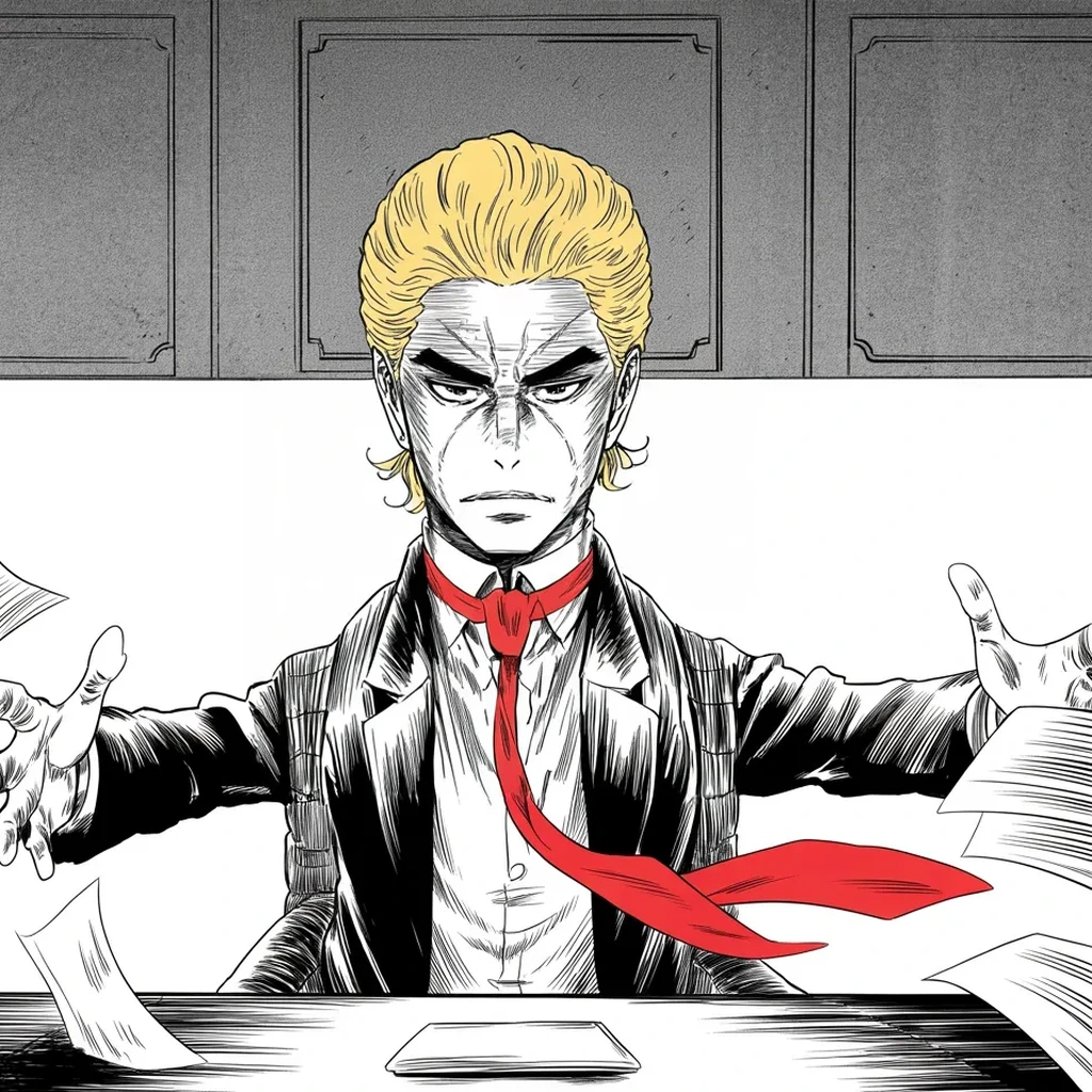 Manga panel 4 of 5, Week 388 “The Announcement”: His answer arrives at full volume: the polls are strong since Tuesday's announcement — hence, he roars, the prosecutor. Another witch hunt, and a dangerous one.
