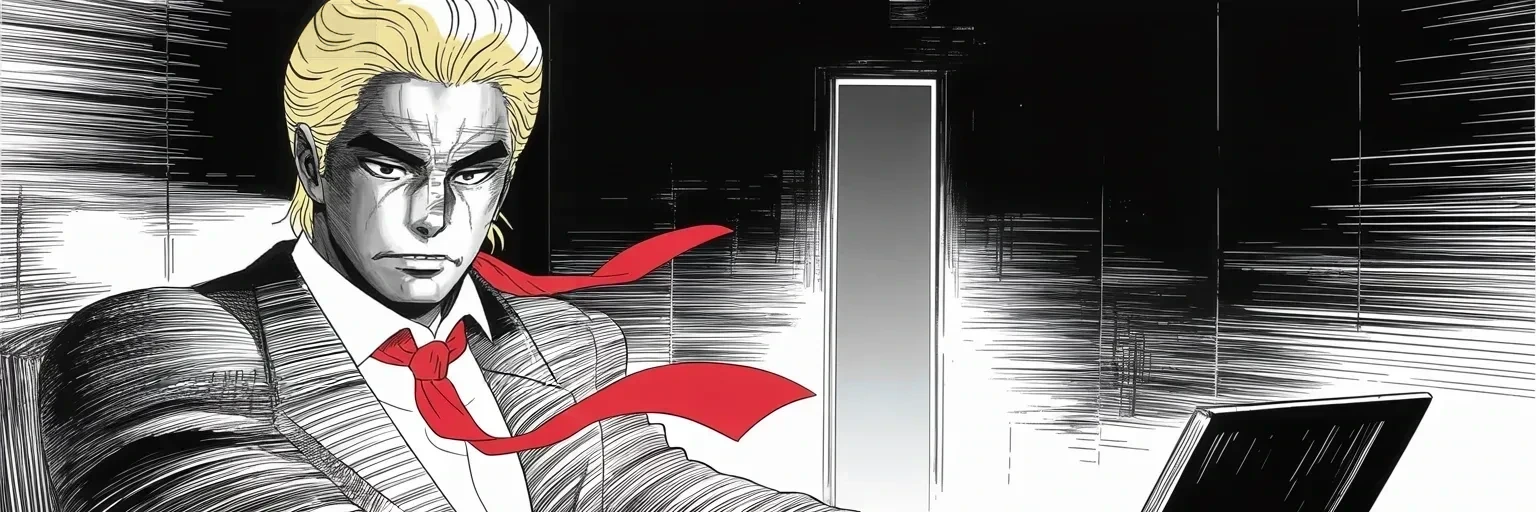 Manga panel 5 of 5, Week 388 “The Announcement”: Saturday the platform that banned him votes to open his old door, blue light spilling in. He does not walk through it — he is not going anywhere, and the campaign has already begun.