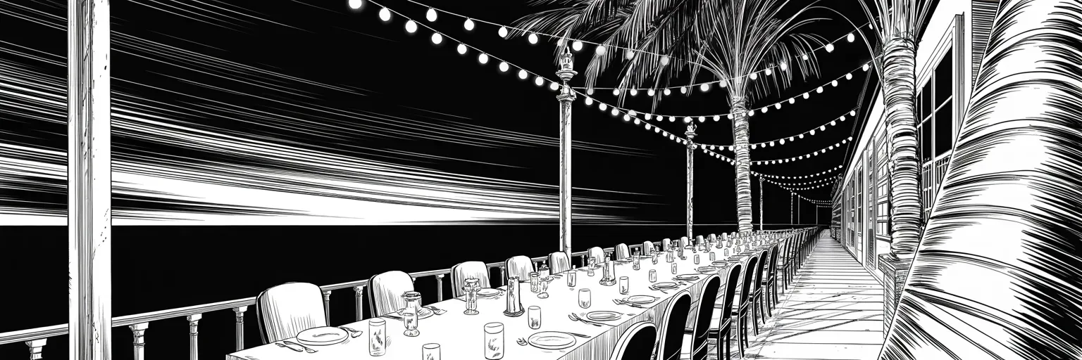 Manga panel 1 of 5, Week 389 “The Dinner”: Tuesday evening at the palace by the sea. A week after the announcement, the table is set on the back patio — and the guest list is about to make history of its own.