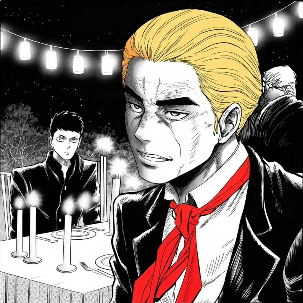 Manga panel 2 of 5, Week 389 “The Dinner”: The dinner itself: the troubled musician he knows, and at the table's edge a young stranger he will say he never knew. The candles burn down; the plates are cleared quickly.