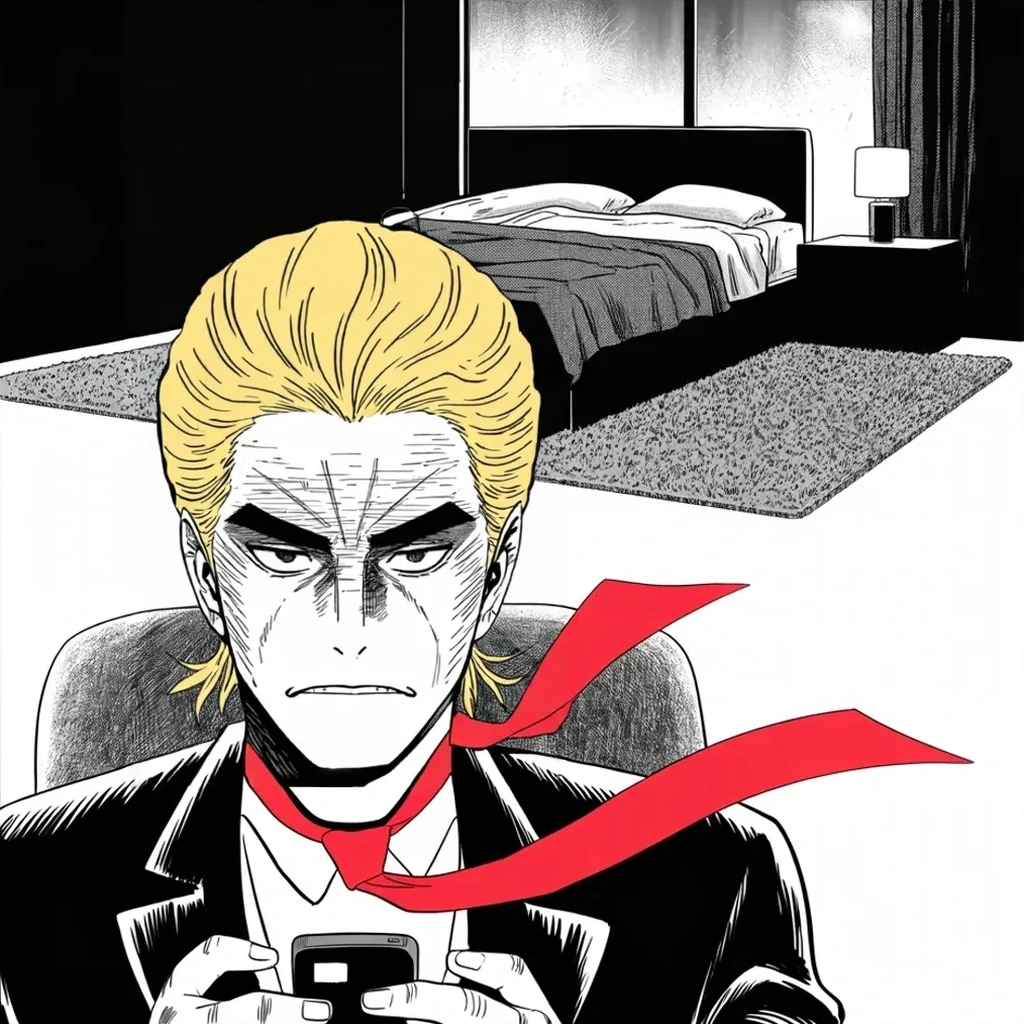 Manga panel 3 of 5, Week 389 “The Dinner”: Past one in the morning the highest court refuses him: the tax returns will be handed over. He answers the ceiling in the dark — they always rule against him, he thinks.