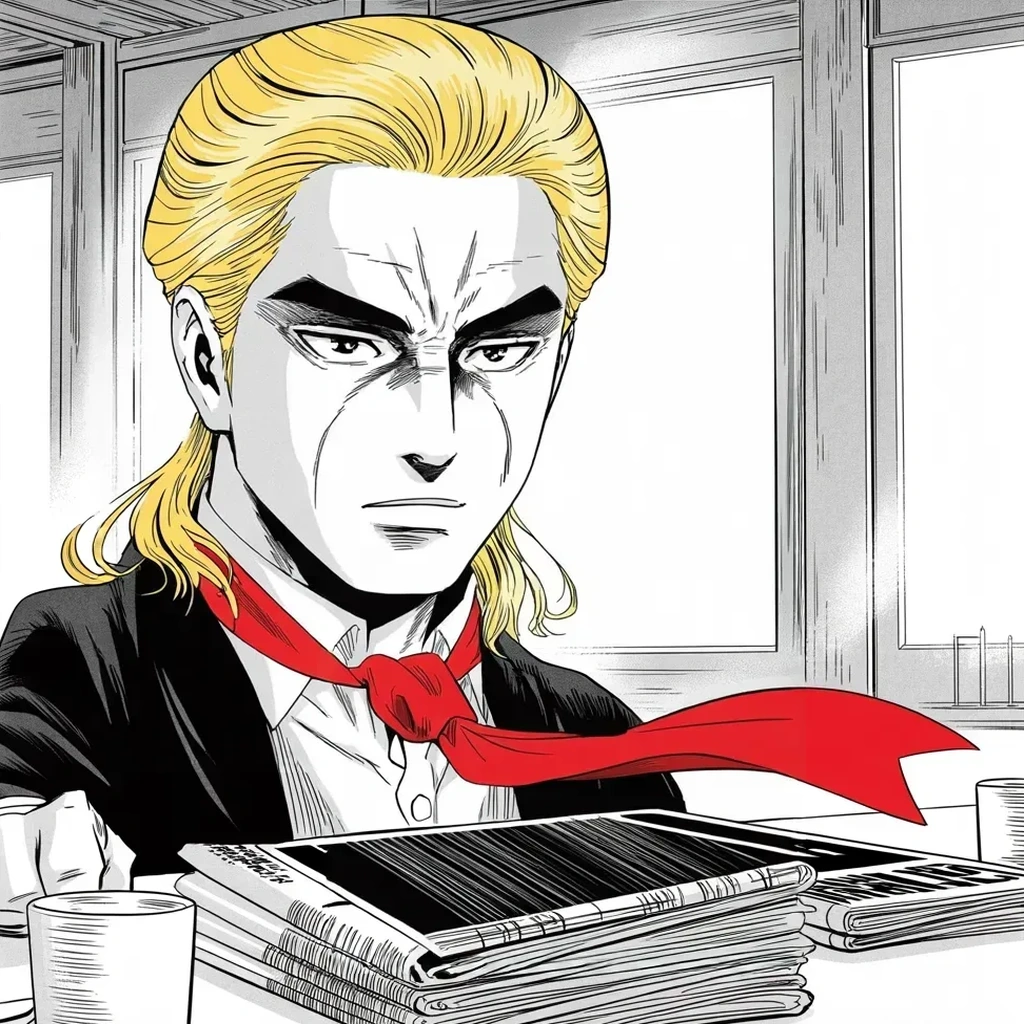 Manga panel 2 of 5, Week 390 “Termination”: The party's papers now ask the question in print — the old lion, or the young governor? He answers the question the only way he ever has.