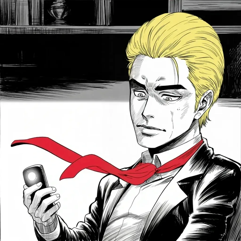 Manga panel 3 of 5, Week 390 “Termination”: Friday at midnight the bird-site's new owner starts publishing its old files, and he reads them in the dark: a really big story, he thinks.