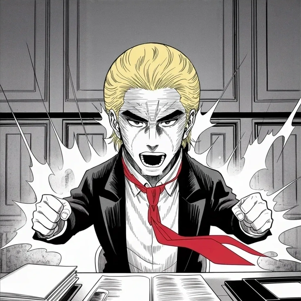 Manga panel 4 of 5, Week 390 “Termination”: Saturday he writes the post that will follow him for years: a fraud of this magnitude, he declares, allows for the termination of all rules — even those found in the Constitution.