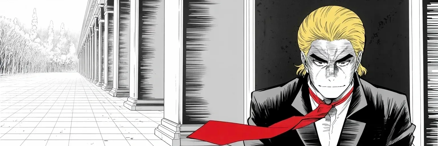 Manga panel 5 of 5, Week 390 “Termination”: The White House calls the post an attack on the Constitution itself. Monday he plants his feet: he never said the word, he says — the coverage is the disinformation.