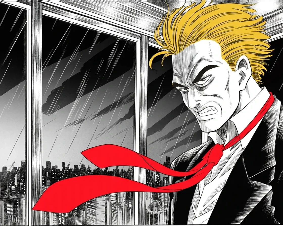 Manga panel 2 of 4, Week 391 “The Blame”: The same day, in Manhattan, his family company is convicted on every count. The oldest war-cry in the saga comes back at full volume.