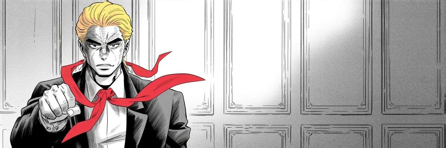 Manga panel 4 of 4, Week 391 “The Blame”: The morning after, he counts the wins his way: two hundred and thirty-two races carried out of two hundred and fifty-two. The party counts differently — and its eyes are already on Florida.