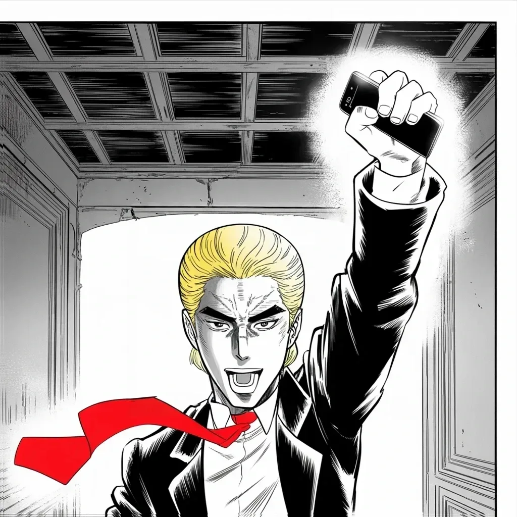 Manga panel 3 of 5, Week 392 “Ninety-Nine Dollars”: One day later the cards are gone. We made history, he declares — while the party's operatives stare at their screens in silence.