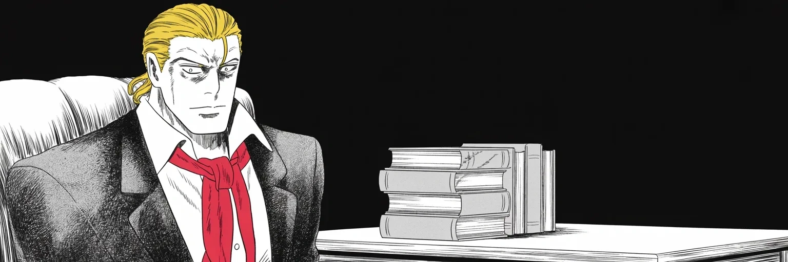 Manga panel 1 of 3, Week 393 “Merry Christmas to Everyone”: Two days before Christmas the committee publishes its eight hundred pages and dissolves. He reads the names of his enemies into the lamplight, one by one.