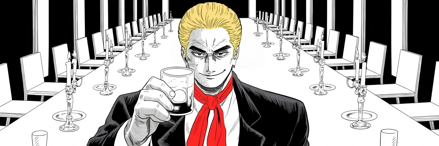 Manga panel 2 of 3, Week 393 “Merry Christmas to Everyone”: Christmas Eve at the palace by the sea: one glass raised at the head of an empty table, and season's greetings issued to every enemy on the list.